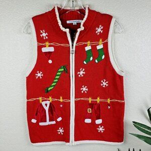 Mercer Street Studio Ugly Christmas Sweater Full Zip Knit Vest size S Womens Red